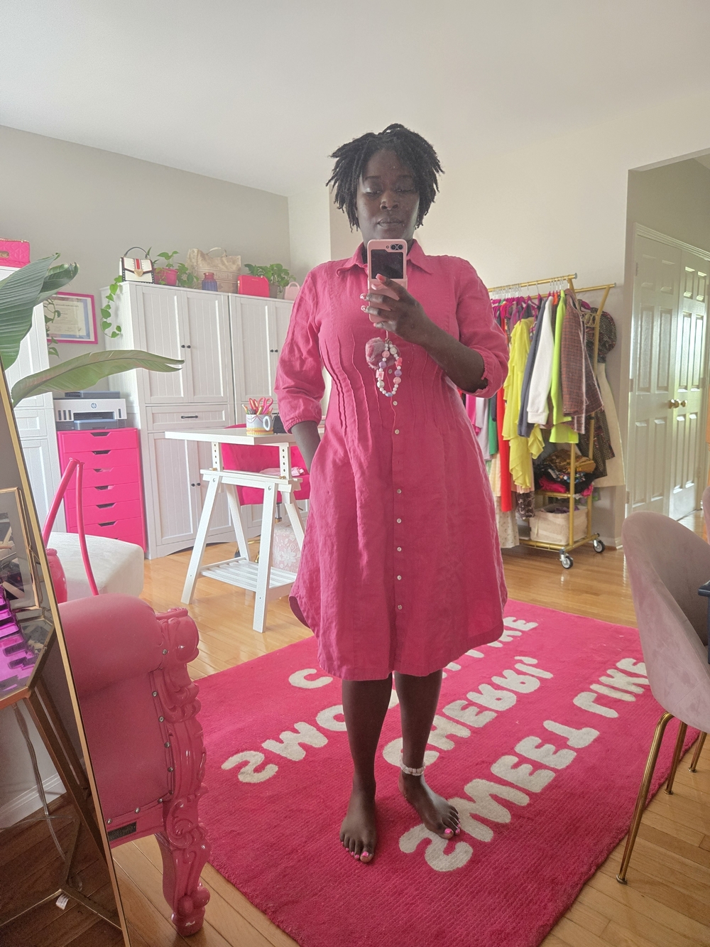 Pink Linen Button-Front Midi Dress